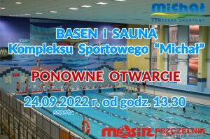 Plakat zapraszający na basen i saunę w Kompleksie Sportowym "Michał"